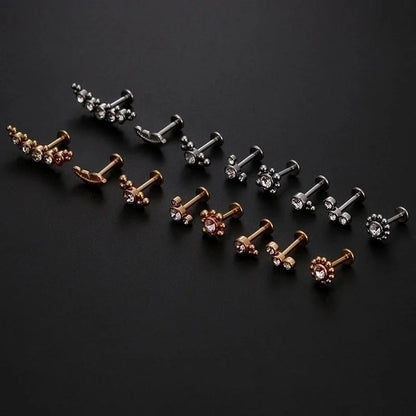 Fashion Leaf Round Stainless Steel Inlaid Zircon Eyebrow Nails Ear Studs 1 Piece