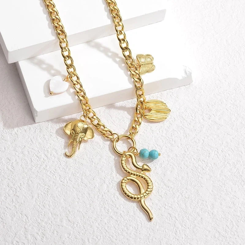 IG Style Minimalist Animal Heart Shape Flower 304 Stainless Steel 18K Gold Plated Multi Charms Pearl Multi Charms Necklace