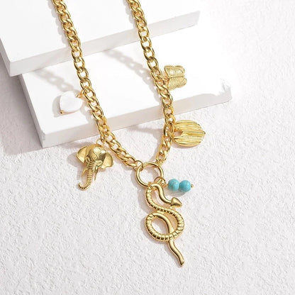 IG Style Minimalist Animal Heart Shape Flower 304 Stainless Steel 18K Gold Plated Multi Charms Pearl Multi Charms Necklace