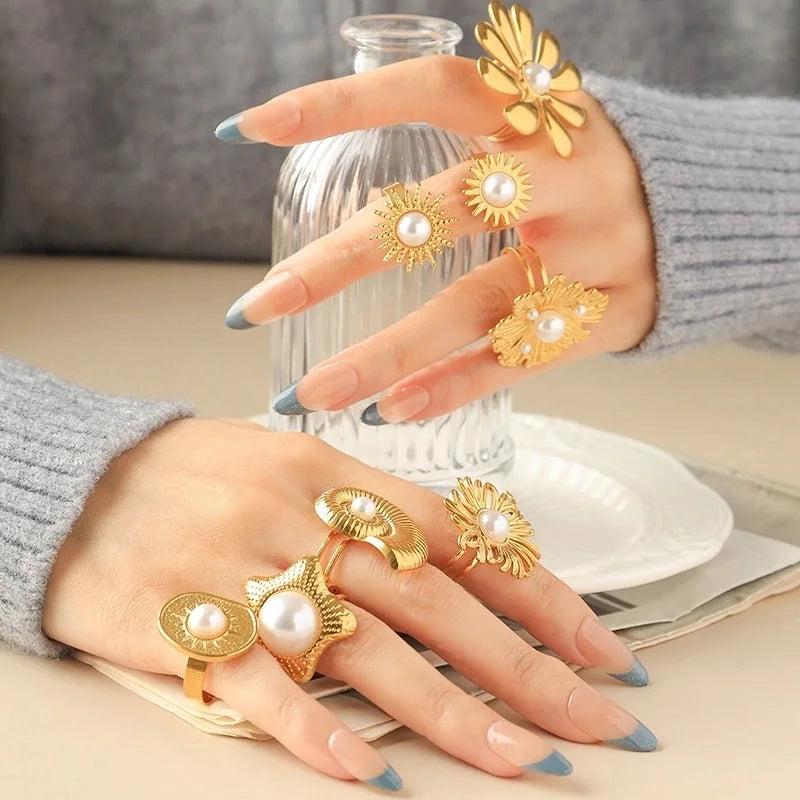 Elegant Luxurious Baroque Style Pentagram Sun Flower 304 Stainless Steel Pearl 14K Gold Plated Open Rings