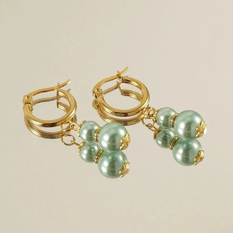 1 Pair Elegant Classical Round Pearl Plating 304 Stainless Steel 18K Gold Plated Drop Earrings