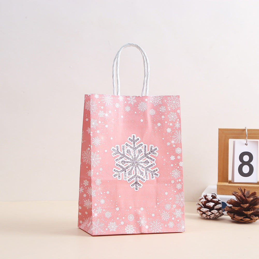 12 Pieces Christmas Snowflake Gift Bag Cartoon Printed Handheld Kraft Paper Bag Party Gift Paper Bag Handheld Bag Candy Bag