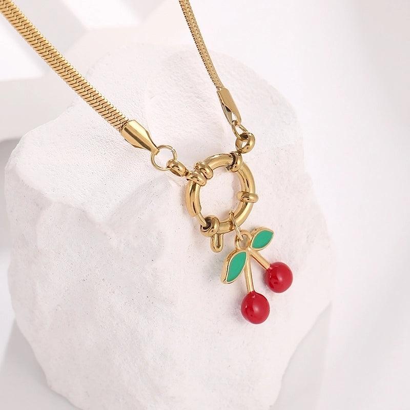 Elegant Minimalist Cherry 304 Stainless Steel Zircon 18K Gold Plated Inlay Pendant Necklace