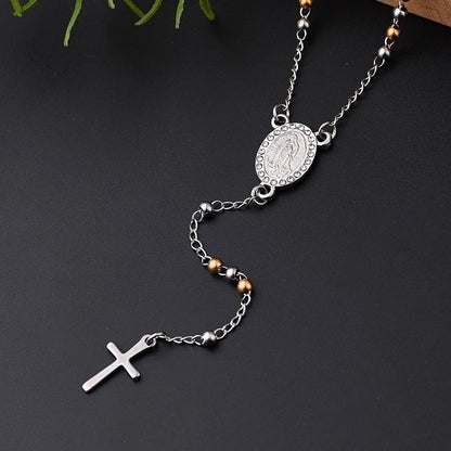 IG Style Casual Classical Cross Round Beads Virgin Mary 304 Stainless Steel Rhinestones 18K Gold Plated Handmade Plating Inlay Necklace