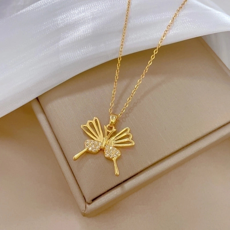 Minimalist Butterfly Titanium Steel Copper Plating Inlay Zircon Pendant Necklace