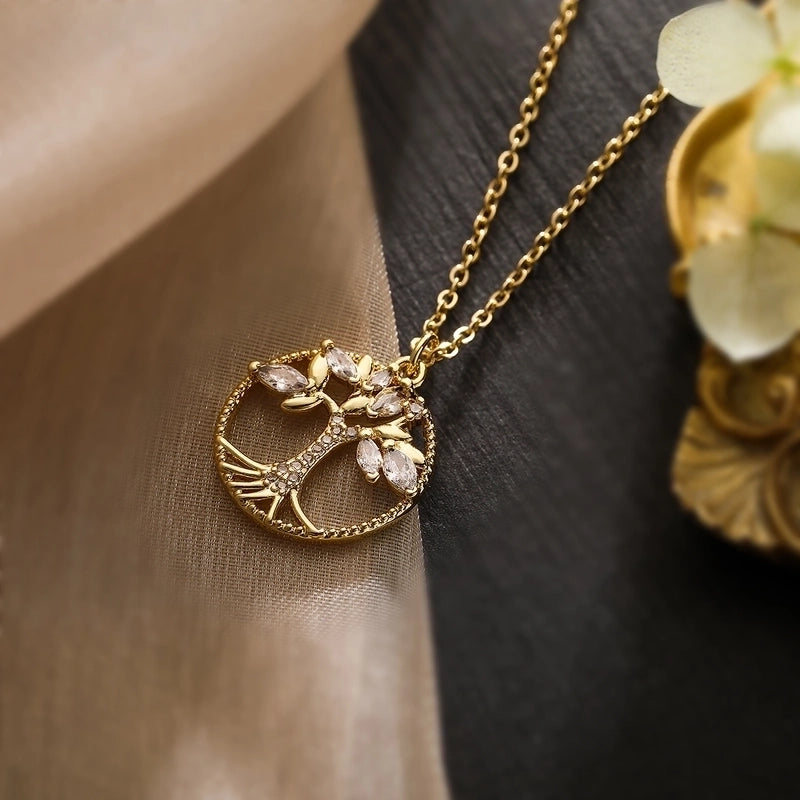 Minimalist Commute Bc1035 Lucky Tree Copper Plating Inlay Zircon 18k Gold Plated Pendant Necklace