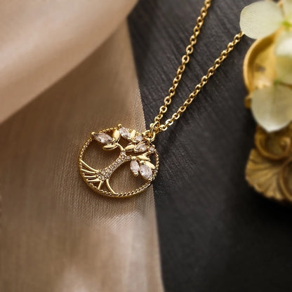 Minimalist Commute Bc1035 Lucky Tree Copper Plating Inlay Zircon 18k Gold Plated Pendant Necklace