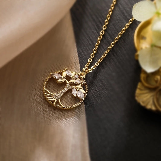 Minimalist Commute Bc1035 Lucky Tree Copper Plating Inlay Zircon 18k Gold Plated Pendant Necklace