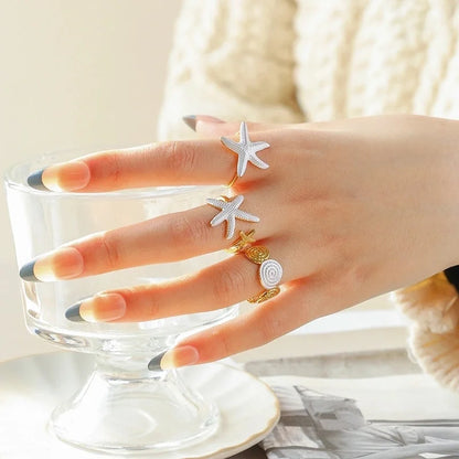 Casual Vacation Beach Starfish Swirl Pattern 304 Stainless Steel 14K Gold Plated Enamel Open Rings