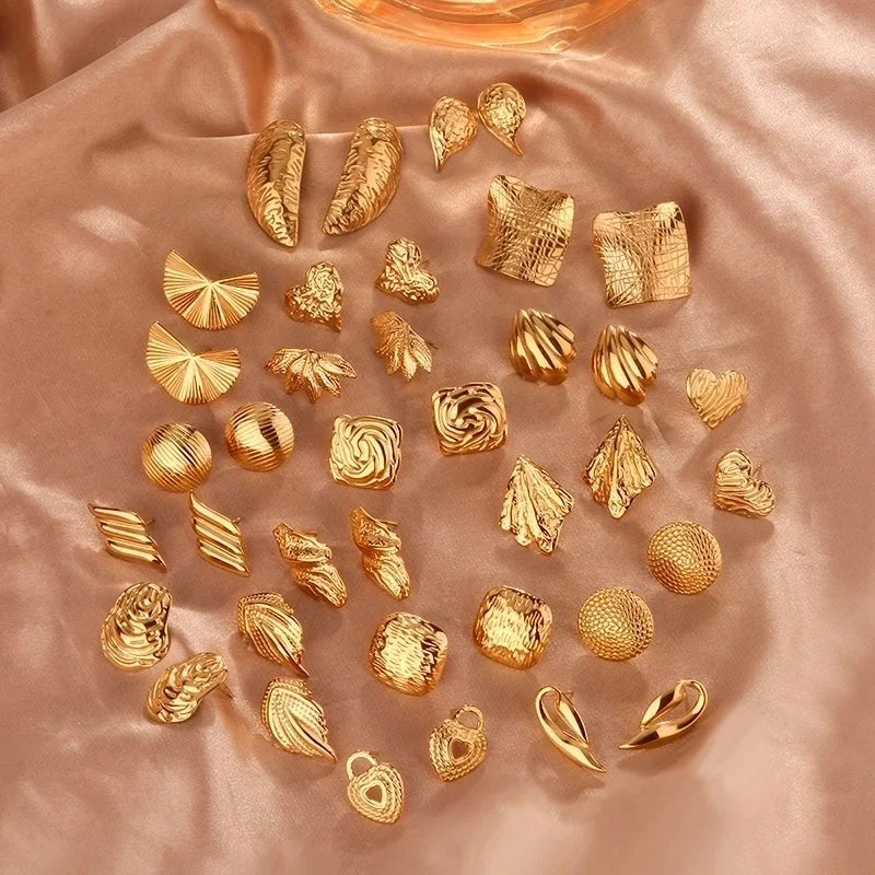 1 Pair Minimalist Sector Leaves Heart Shape Pleated 304 Stainless Steel 18K Gold Plated Ear Studs