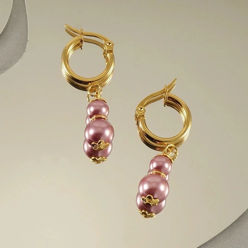 1 Pair Elegant Classical Round Pearl Plating 304 Stainless Steel 18K Gold Plated Drop Earrings