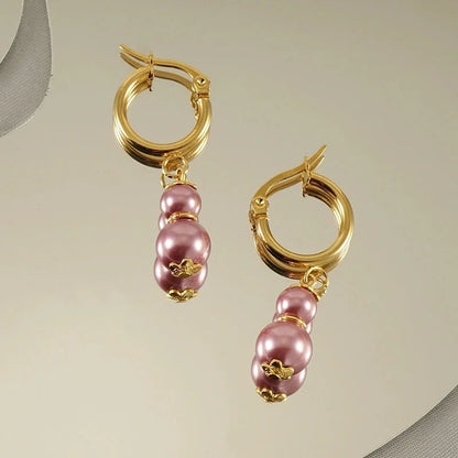 1 Pair Elegant Classical Round Pearl Plating 304 Stainless Steel 18K Gold Plated Drop Earrings