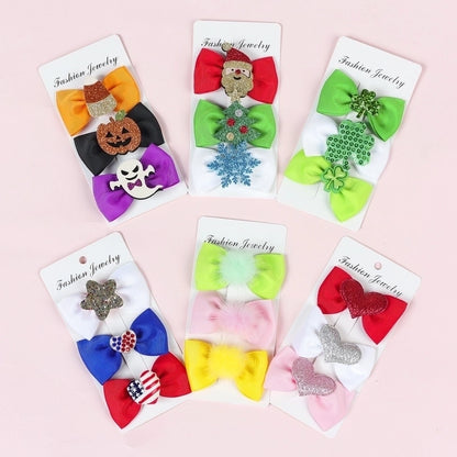Halloween Christmas Independence Day Ethnic Style Kid'S Halloween Pattern Santa Claus American Flag Sequins Knitting Bowknot Hair Clip