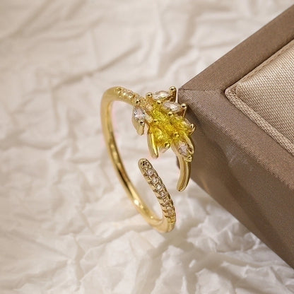 Minimalist Leaves Copper Plating Inlay Zircon 18k Gold Plated Open Rings