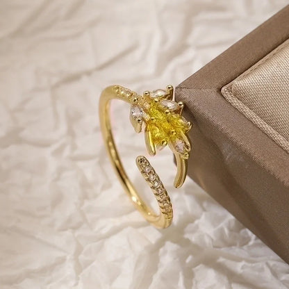 Minimalist Leaves Copper Plating Inlay Zircon 18k Gold Plated Open Rings