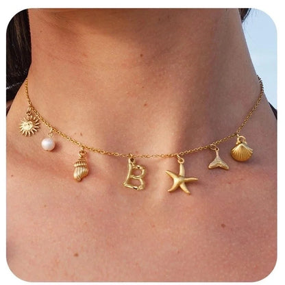 Copper Minimalist Sun Letter Starfish Pendant Necklace