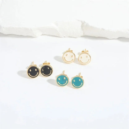 1 Pair Elegant Minimalist Commute Smile Face Enamel Copper 14K Gold Plated Ear Studs