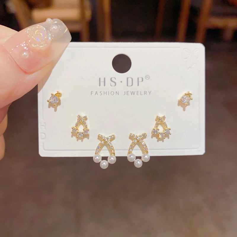 Fashion Geometric Copper Plating Artificial Pearls Zircon Earrings 3 Pairs