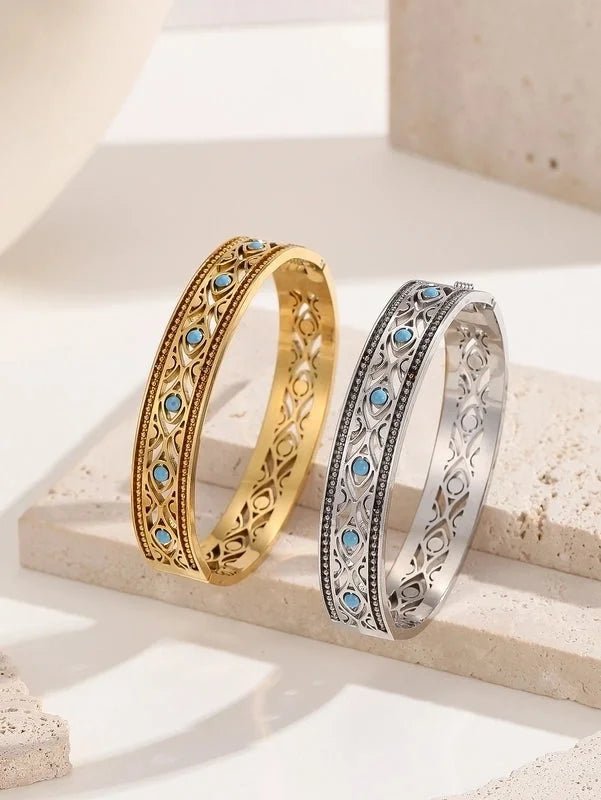 Handmade Minimalist Paisley Geometric Titanium Steel 18K Gold Plated Turquoise Bangle In Bulk