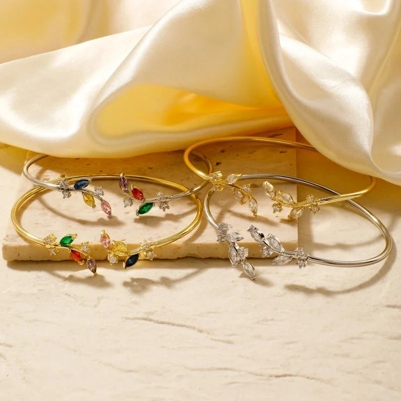 Copper K Gold Plated Shiny Metallic Inlay Geometric Leaf Zircon Bangle