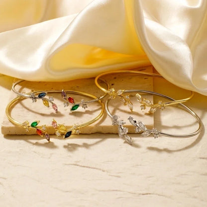 Copper K Gold Plated Shiny Metallic Inlay Geometric Leaf Zircon Bangle