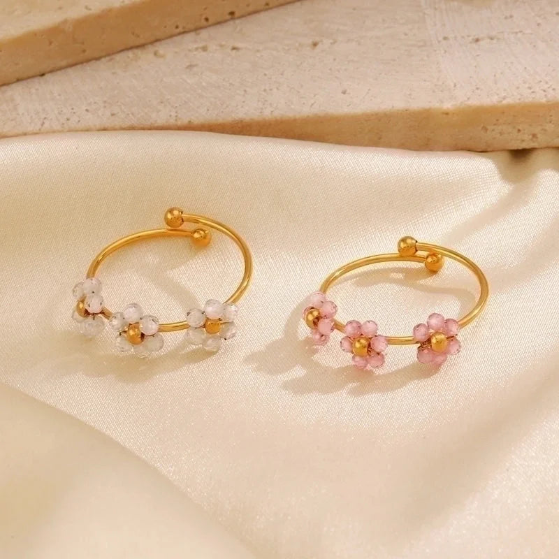 IG Style Sweet Flower 304 Stainless Steel 18K Gold Plated Beaded Knitting Open Rings