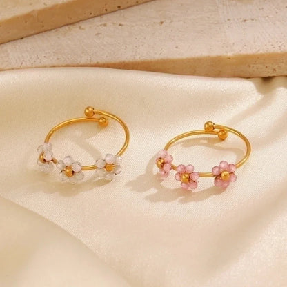 IG Style Sweet Flower 304 Stainless Steel 18K Gold Plated Beaded Knitting Open Rings