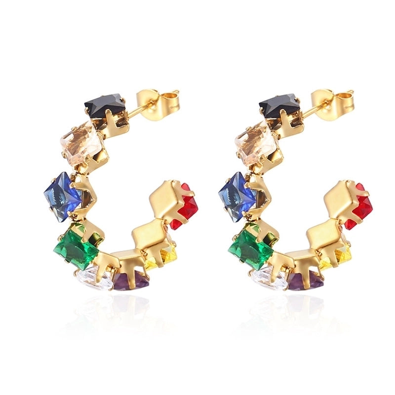 1 Pair IG Style Baroque Style Shiny C Shape Rhombus Inlay 316 Stainless Steel Zircon 18K Gold Plated Ear Studs