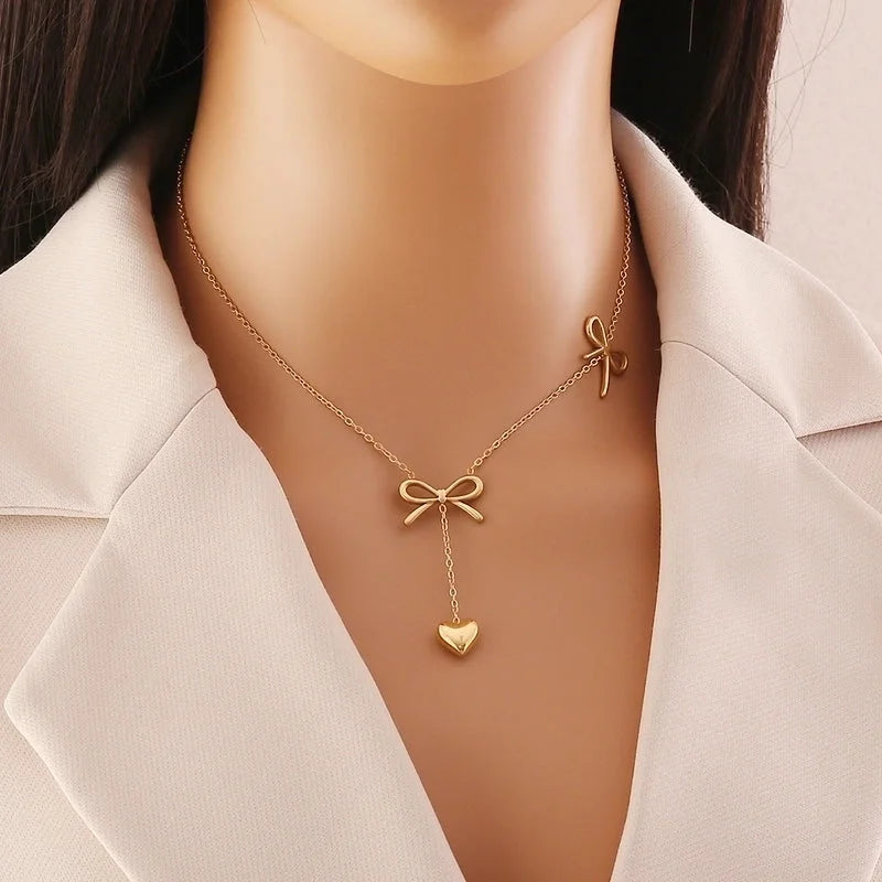 Elegant Streetwear Commute Heart Shape Bow Knot 304 Stainless Steel Artificial Pearls 18K Gold Plated Inlay Earrings Necklace Jewelry Set