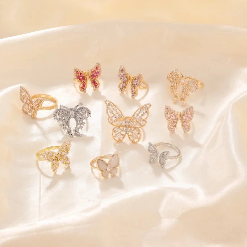 Copper K Gold Plated Rhodium Plated Sweet Minimalist Artistic Inlay Butterfly Zircon Open Rings