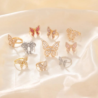 Copper K Gold Plated Rhodium Plated Sweet Minimalist Artistic Inlay Butterfly Zircon Open Rings