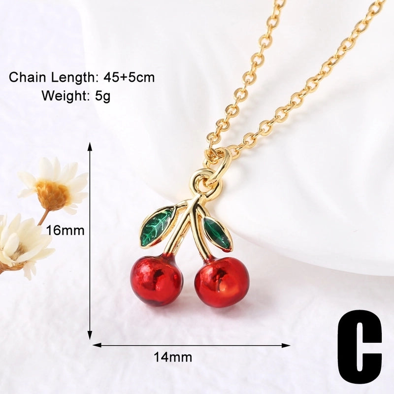 Modern Style Classic Style Cherry 201 Stainless Steel Copper Zircon 18K Gold Plated Plating Inlay Pendant Necklace O-shaped Chain Cable Chain