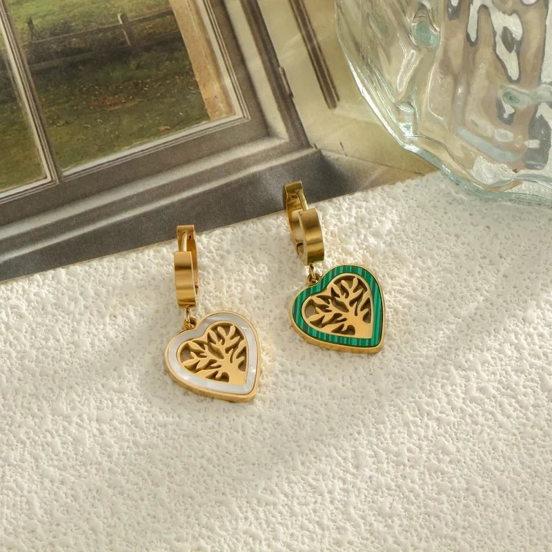 1 Pair Minimalist Heart Shape Life Tree Plating Inlay Titanium Steel Shell 18K Gold Plated Drop Earrings