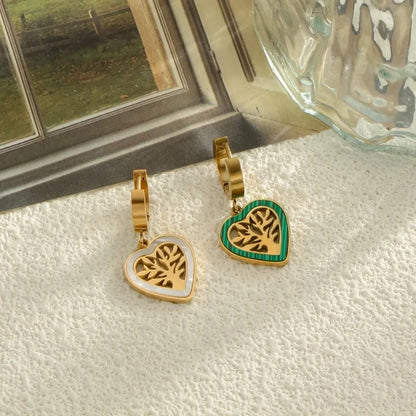 1 Pair Minimalist Heart Shape Life Tree Plating Inlay Titanium Steel Shell 18K Gold Plated Drop Earrings
