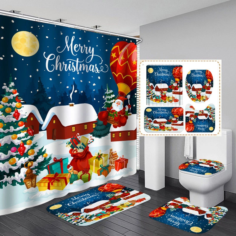 Cute Classic Style Christmas House Santa Claus Snowman Polyester Shower Curtain Bathing