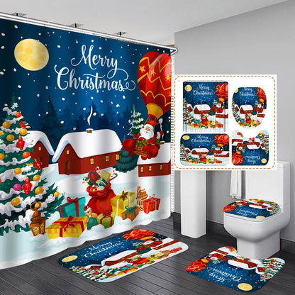 Cute Classic Style Christmas House Santa Claus Snowman Polyester Shower Curtain Bathing