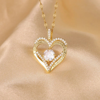 Hip-Hop Minimalist Shiny Heart Shape 304 Stainless Steel Copper Zircon 18K Gold Plated Inlay Pendant Necklace