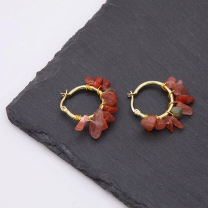 2 Pieces Ethnic Style Bohemian Tropical Solid Color Handmade Plating Natural Stone Copper 18k Gold Plated Hoop Earrings