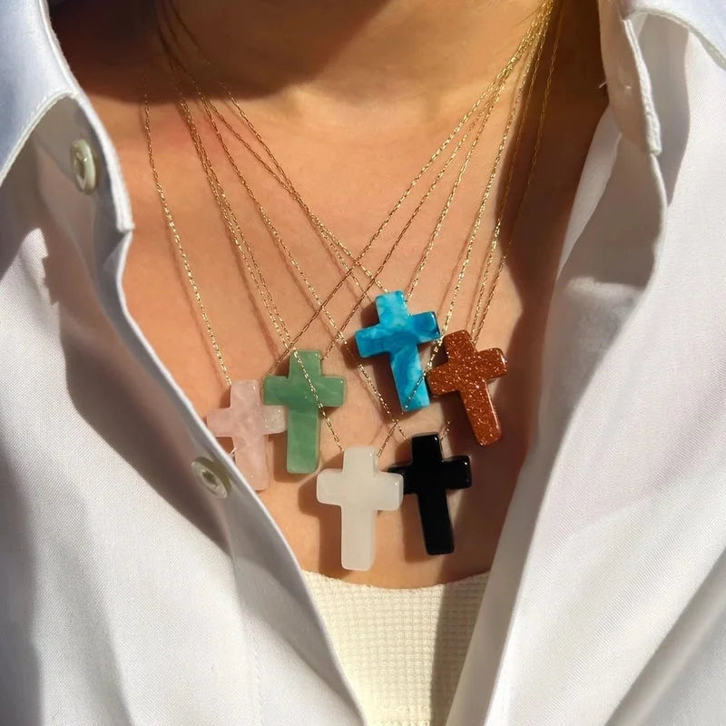 Minimalist Geometric Cross Natural Stone Titanium Steel Pendant Necklace In Bulk