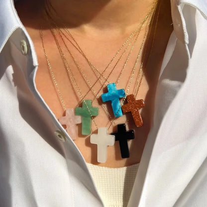 Minimalist Geometric Cross Natural Stone Titanium Steel Pendant Necklace In Bulk