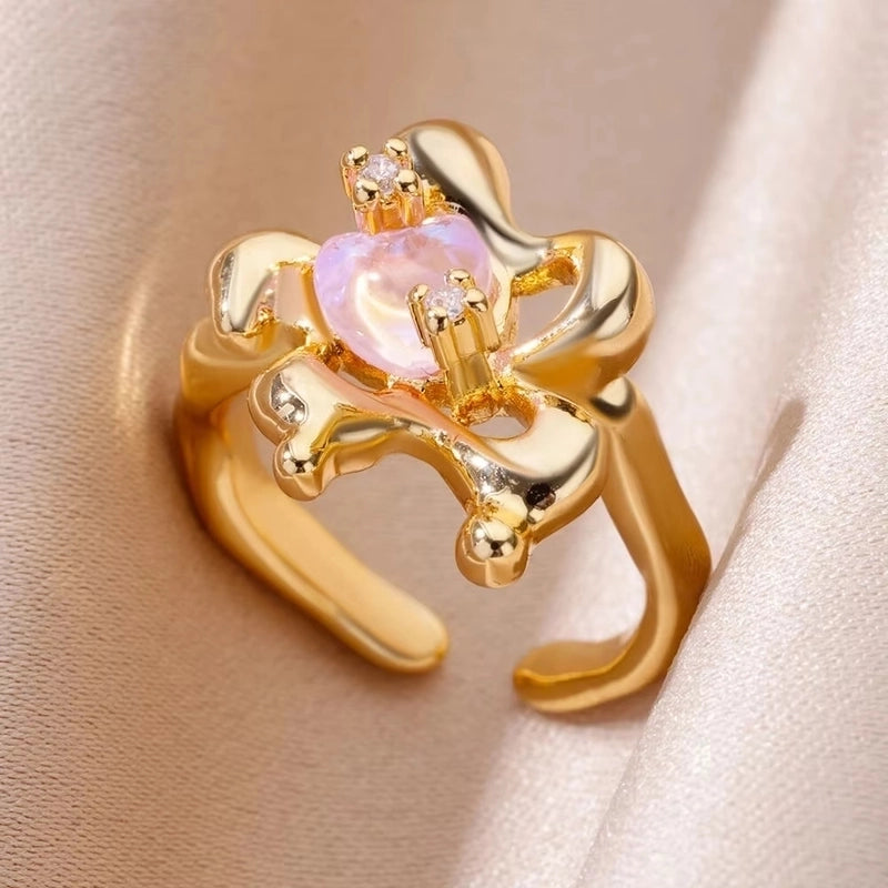 Copper 18K Gold Plated Flower Zirconia Open Rings Rings