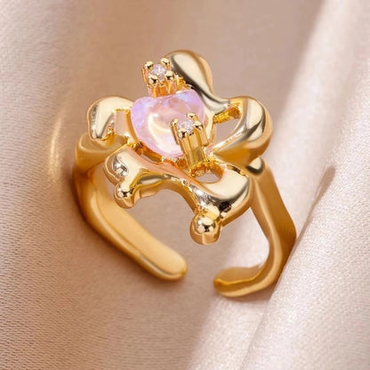 Copper 18K Gold Plated Flower Zirconia Open Rings Rings