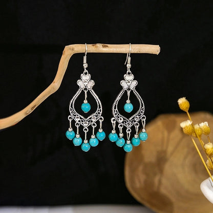 Bohemian Blue Turquoise National Style Earrings Imitation Miao Silver Metal Earrings Vintage Tassel Earrings