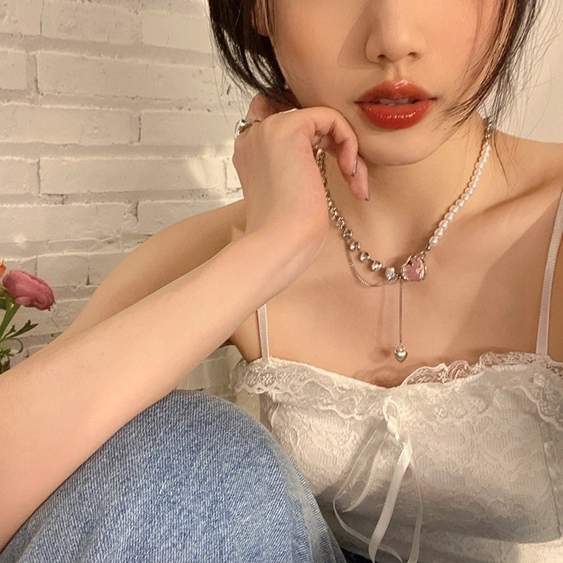 Love Stitching Pearl Japanese And Korean Necklace Design High-grade Light Luxury Niche Clavicle Chain New Women\'s Necklace
