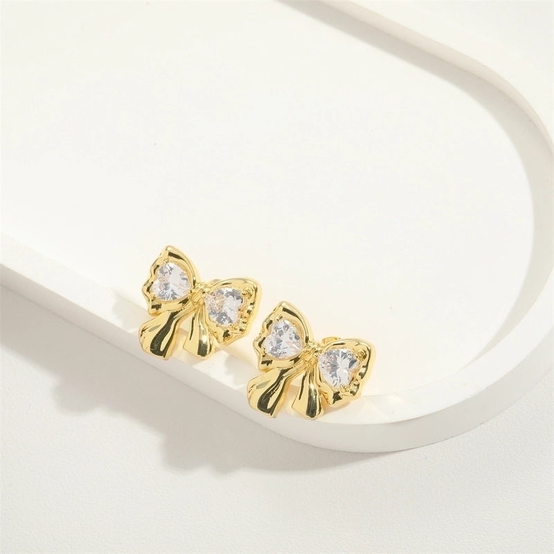 1 Pair Vintage Style Minimalist Commute Bow Knot Plating Inlay Copper Zircon 14K Gold Plated Ear Studs