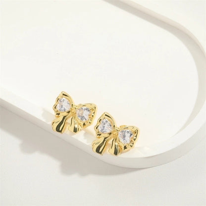 1 Pair Vintage Style Minimalist Commute Bow Knot Plating Inlay Copper Zircon 14K Gold Plated Ear Studs
