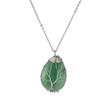 Retro Minimalist Tree Water Droplets Stainless Steel Natural Stone Agate Pendant Necklace In Bulk