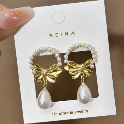 1 Pair Fashion Leaf Flower Bow Knot Imitation Pearl Alloy Rhinestones Earrings