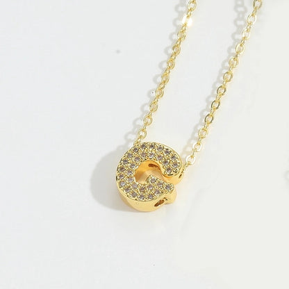 Copper 14K Gold Plated Vintage Style Minimalist Commute Inlay Letter Zircon Pendant Necklace