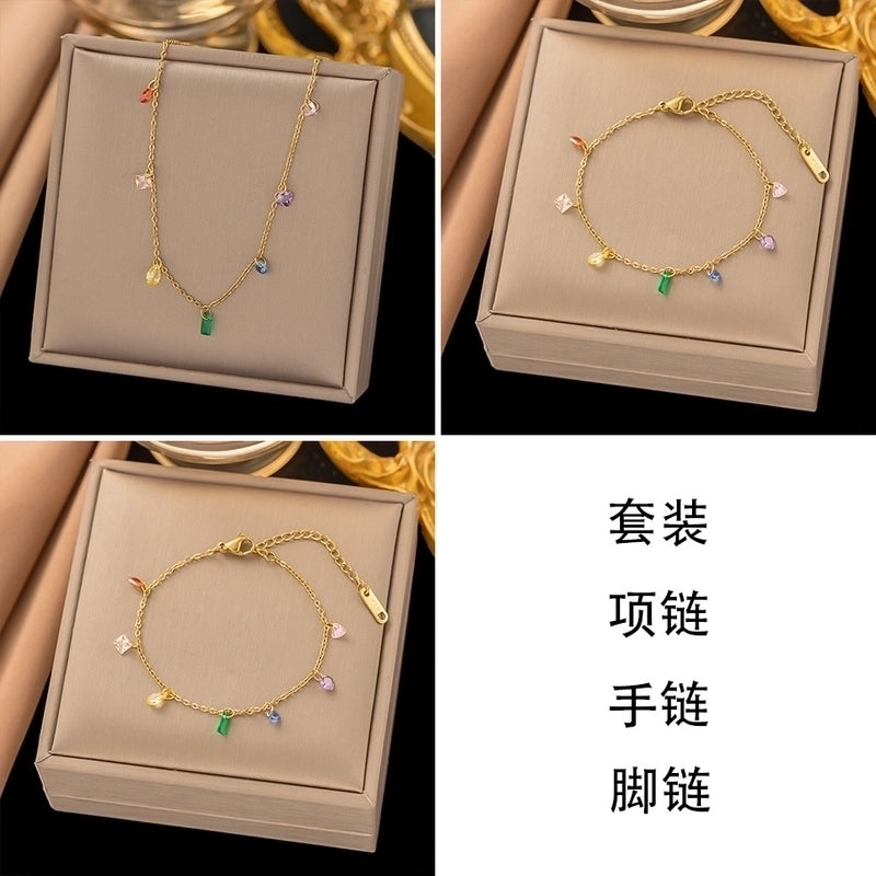 304 Stainless Steel 18K Gold Plated Sweet Inlay Oval Rectangle Artificial Rhinestones Bracelets Necklace